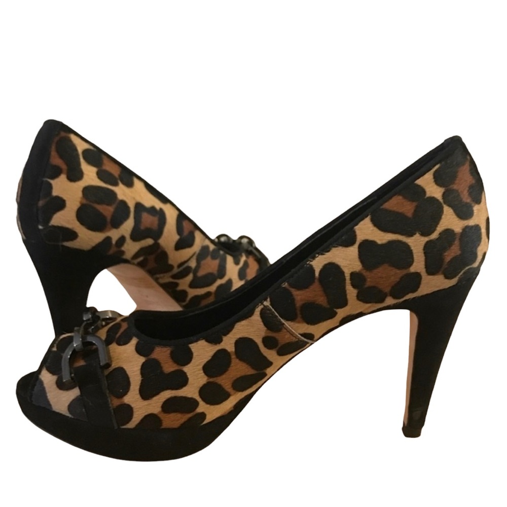 Vaneli Leopard Print Calf Hair Peep Toe 3” Heel 7.5